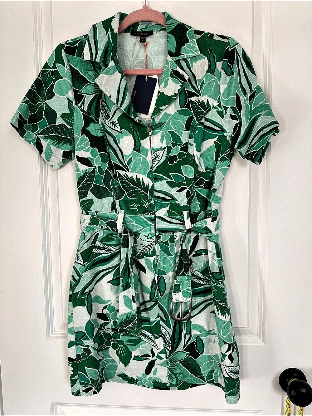 Skies Are Blue Floral Belted Mini Dress Green & White Size XS New W Tags